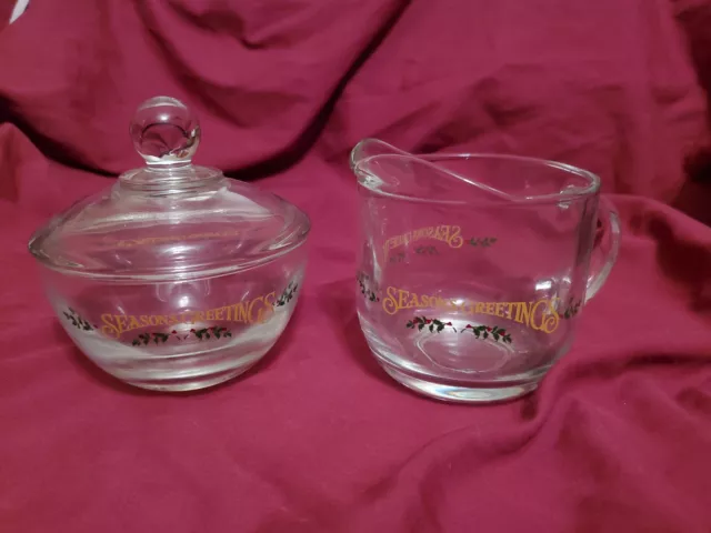 Vintage Anchor Hocking Glass Christmas Cream & Sugar Set Season Greetings Holly