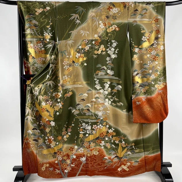 Japanese Kimono Furiode Long Sleeves Gold Leaf Tea Green Pine Bamboo Plum Crane