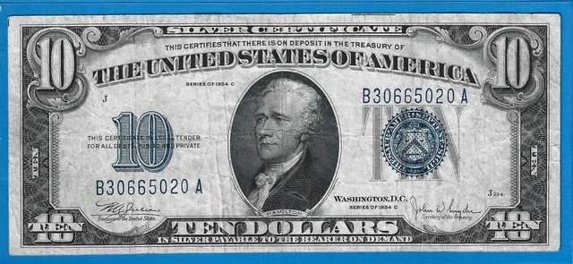 1934 C $10 Silver Certificate Note,Blue Seal,Circ VF,Nice!