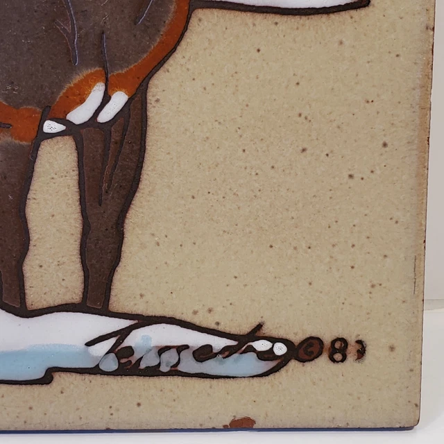 VTG Terra Cotta Clay Glazed Art Tile Ram Mountain Abstract Made in Italy Signed 3