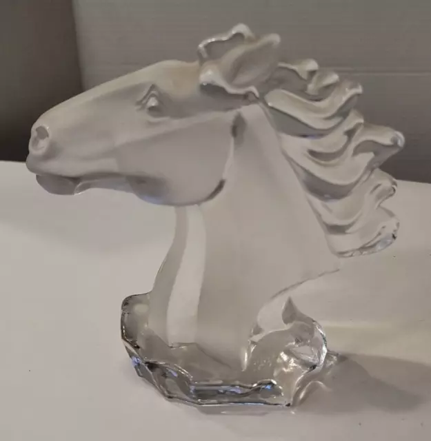 Clear Art Glass Stallion Mustang Horse Head Paperweight 6 1/2" Statue Figure Art