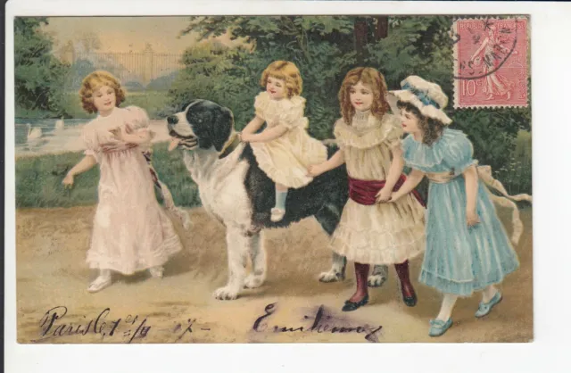 Cpa  Animal Fantaisie -  Chien Dog Enfants Filettes Girls Au Parc 1907 ~D37