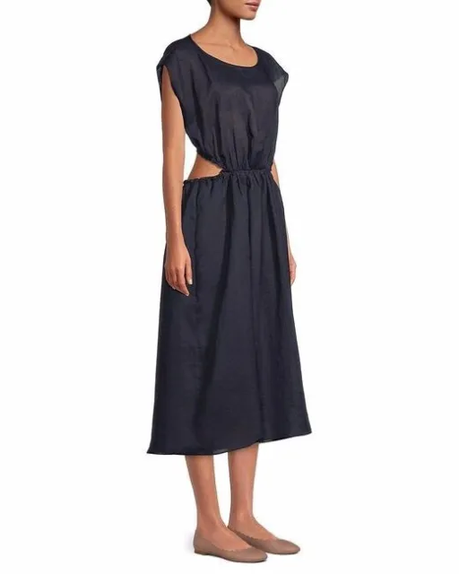 Nwt Rebecca Taylor Ramie Navy Cut Out Silk-Ramie Midi Dress Size M $295