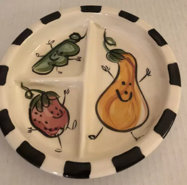 1995 Handmade Signed Vicki Carroll 3 Sectioned Fruit and Vegetable Motif Dish
