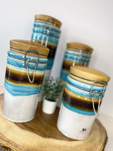 VINTAGE BALDELLI ITALY Ceramic Canister Set Wooden Lids Wire Bale