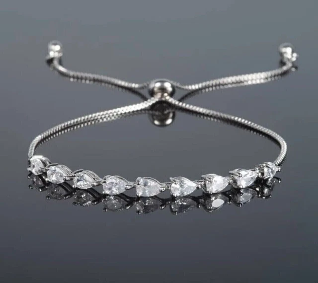 14K White Gold Plated 4 Ct Pear Cut Lab Created Diamond Women's Bolo Bracelet