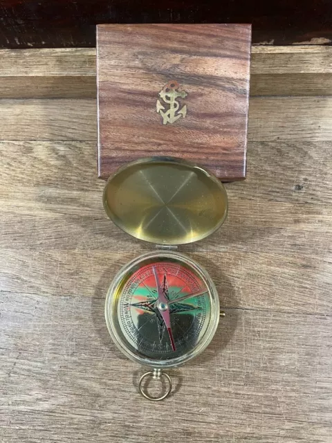 Brass Compass in Wood Box with Brass Anchor Inlay 3 in Brass Compass