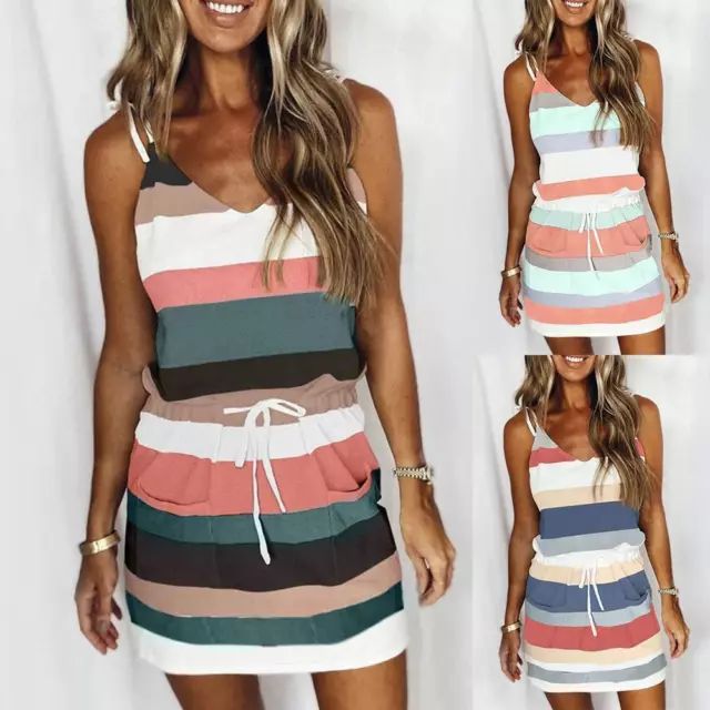 Womens Striped Summer Mini Dress Ladies Sleeveless Strappy V Neck Beach Sundress