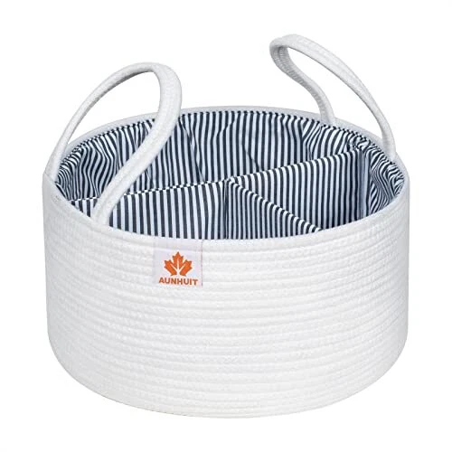 AUNHUIT Large Baby Diaper Caddy Organizer Woven Cotton Rope Basket Round Nursery