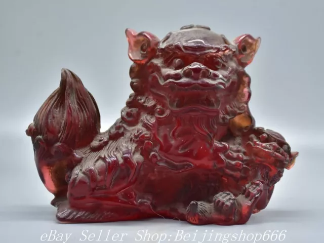 7.6" Old Chinese Red Amber Carved Fengshui Foo Fu Lion Statue Sculpture