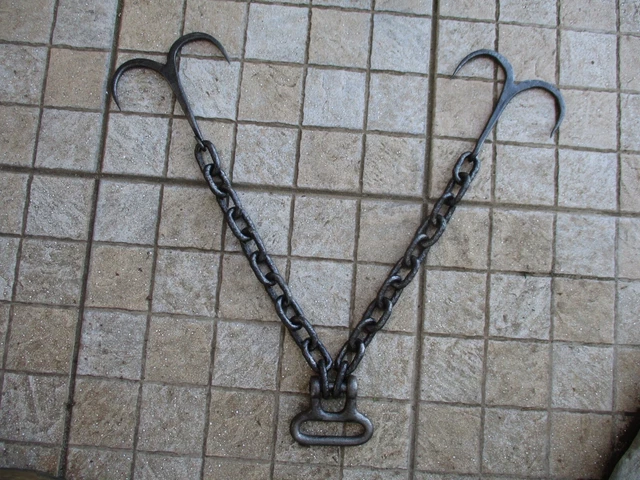 Antique Wrought Iron 2 Double Hook With Chain Hanging Kitchen Rustic Farm Tool 5