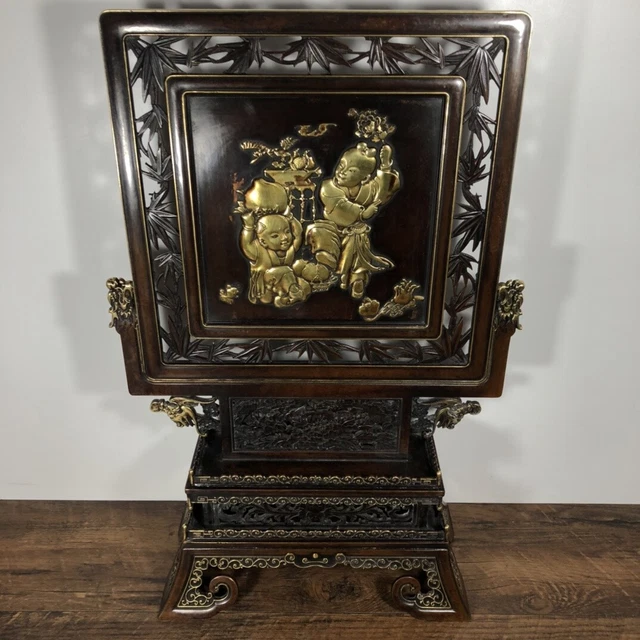 Chinese Exquisite Handmade Gilt Bronze Screen Statue