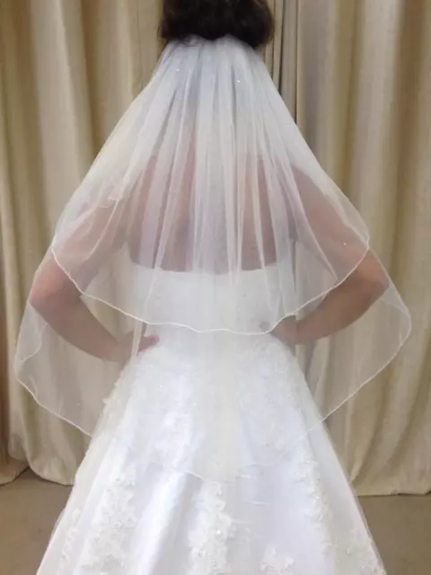 Ivory/White 2 Tier Waist Length Bridal Wedding Veil With Crystals Pencil Edge