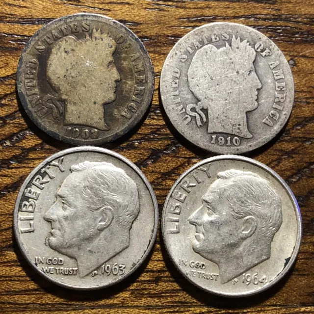 Silver 1902 1910 Barber Dimes 1963 1964 Silver Dime Lot 4 Toned Silver A2582