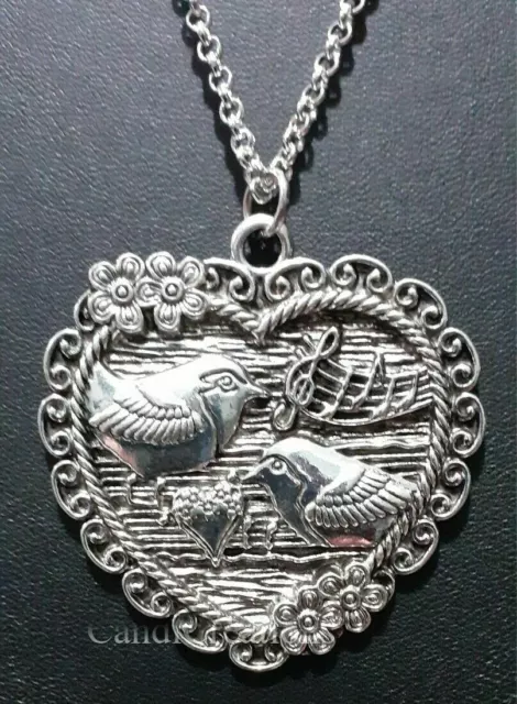 Bird Song Heart Necklace Antique Silver Amulet Good Luck Pendant Necklace