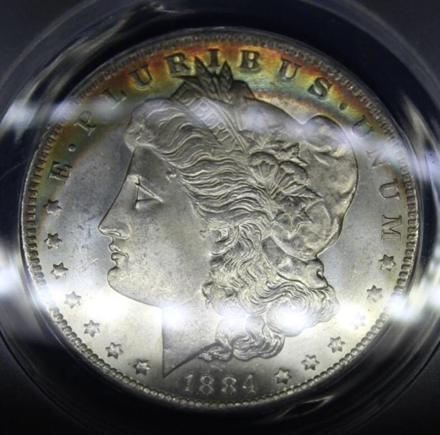 1884 o/o Morgan Silver Dollar Graded ANACS MS64 Rainbow Color Toning Toned Coin