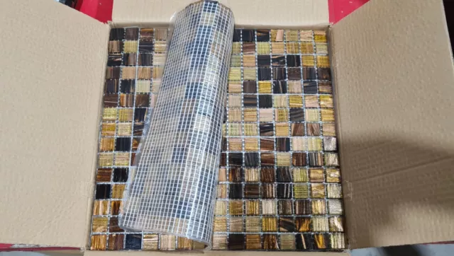 About 11sqm of New Glass Mosaic tiles. 20x20mm. 5 x boxes, 20 sheets per box.