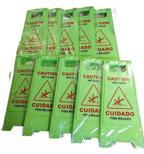 (10) Wet Floor Signs Caution  Floor Signs Double-Sided English  Spanish Green