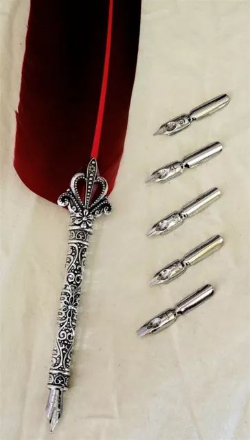 Victorian Trading Italian Feather Red Quill Heart Shape Pen Dip Set +nibs 29P