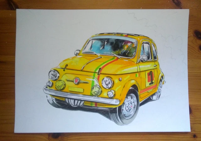 disegno ORIGINALE - F. DE MURO - FIAT 500 ABARTH  - art drawings cars WATERCOLOR