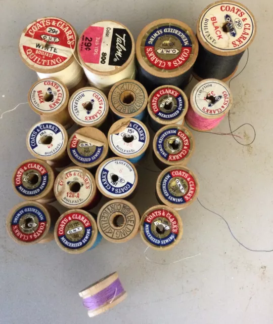 Wooden spools 22 total mixed sizes some empty some with thread