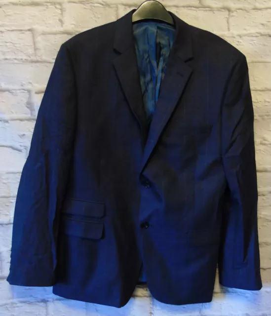 Dark Blue Check Wool Blend Suit Blazer Jacket Size 40" Chest Fellini