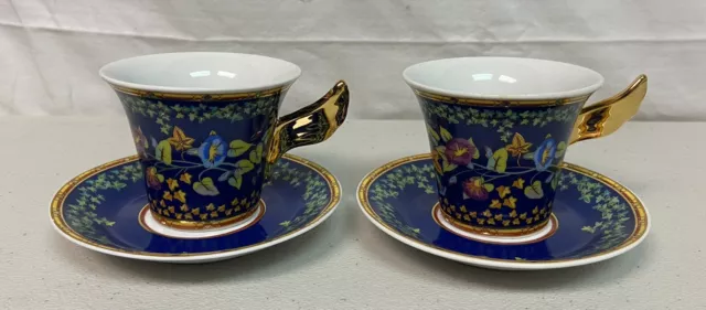 Versace Rosenthal Medusa Gold Ivy Teacup & Saucer 4 Piece Set Used READ