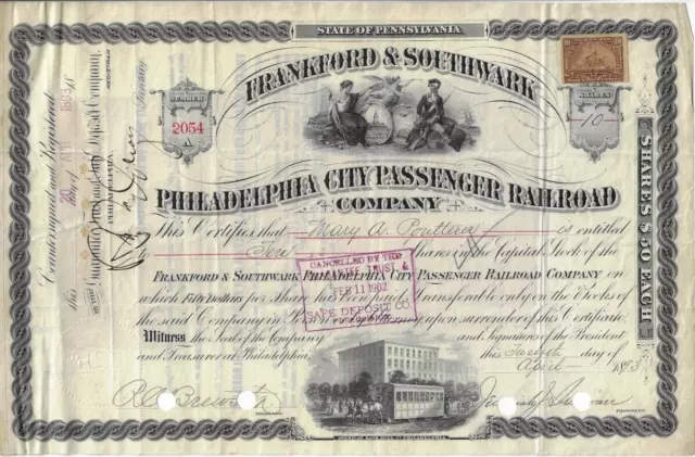 Frankford & Southwark Philadelphia City Passenger Railroad 12.4.1893-Tax-Stamps