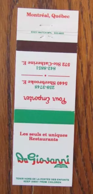 Da Gioanni Restaurant Matchbook Cover: Montreal, Quebec Matchcover -C18