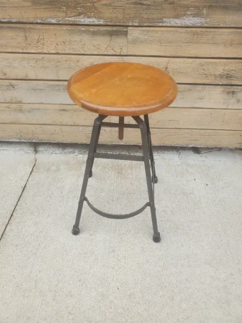 16" Round Wooden Seat Industrial Shop Stool adjustable Height 26" Tall Metal