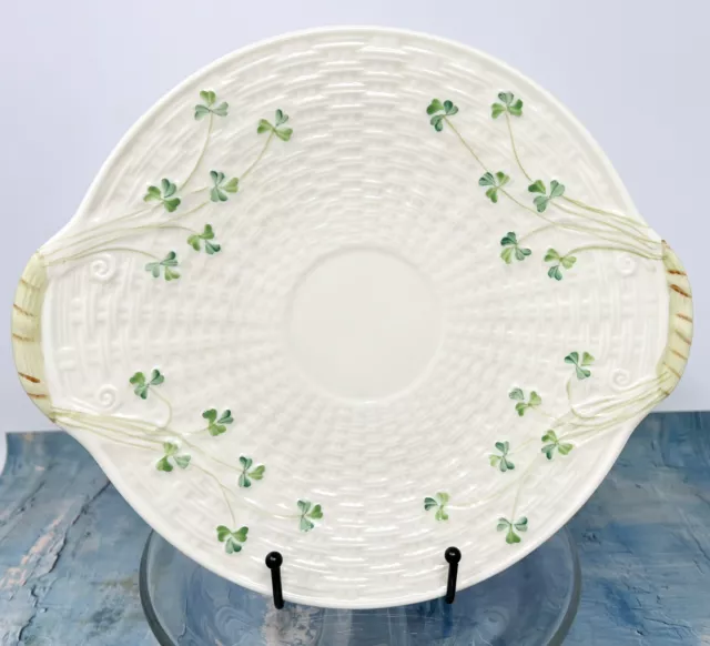 Vintage Belleek Ireland Shamrock Pattern Handled Cake Plate Brown Mark