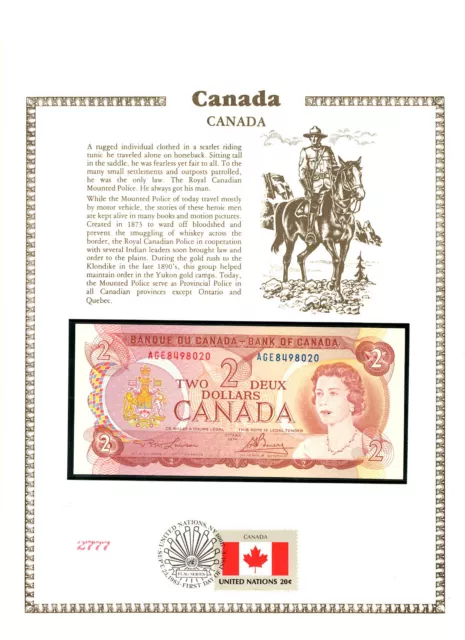 Canada 1974 2 Dollars P 86a UNC w/FDI UN FLAG STAMP AGE8498020