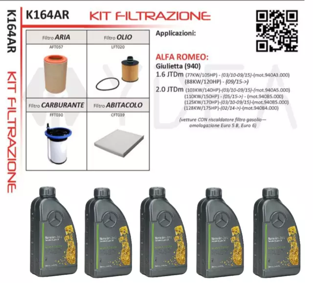 Kit Tagliando 4 Filtri + 5Lt Olio  5W30 Alfa Romeo Giulietta 1.6 Jtdm