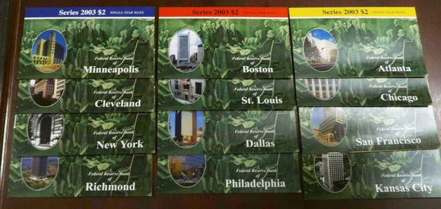 $2 Federal Reserve Set Series 2003* Star Notes 12 $2 Notes RARE