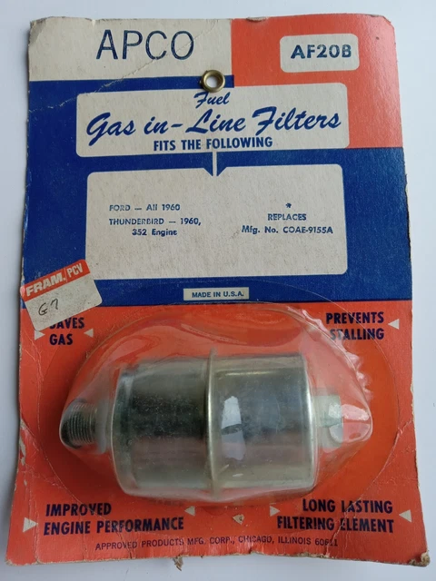 NOS APCO IN-LINE Gas Fuel Filter AF20B for ALL 1960 Fords & 1960 ...