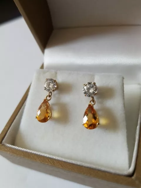 Fi Stamped Golden Citrine Drop Earrings Solid K Gold Picclick