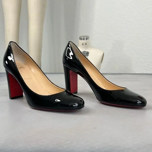 CHRISTIAN LOUBOUTIN Almond Lady Gena Patent Block Heel Red Sole Pump 85mm