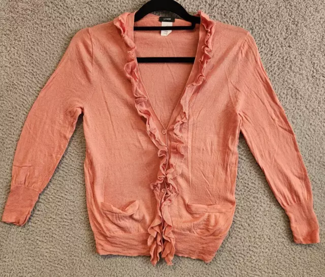 J CREW Sweater Womens Small Pink Ruffled Front Cardigan Button-Up V-Neck