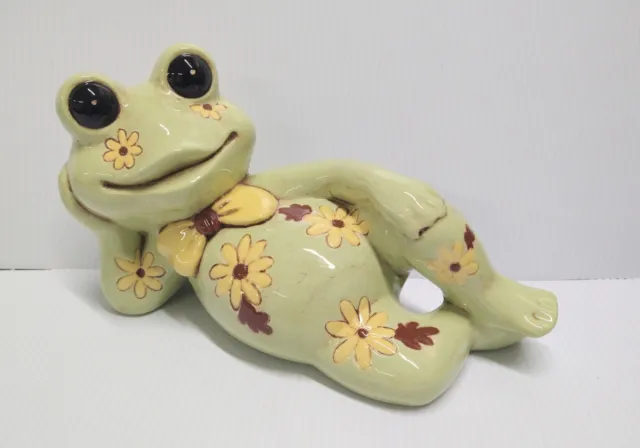 Vintage Frog Statue With Bowtie, Lounging Frog Figure 1974