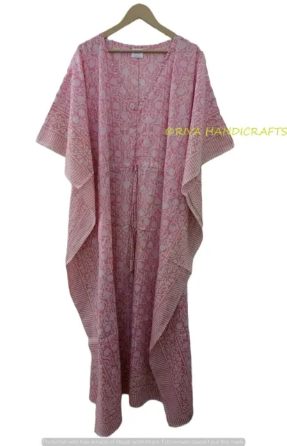 Indien Floral Handblock Imprimé Rose Bébé Pyjama Maxi Femme Caftan Plage Robe