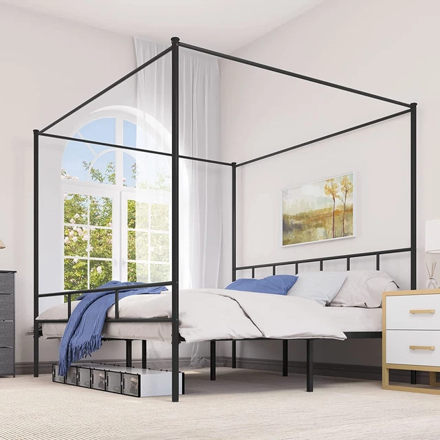 TAUS Metal Bed Frame King Size Four Poster Canopy Platform w/Built-in Headboard TAUS Metal Bed Frame King Size Four Poster Canopy Platform w/Built-in Headboard