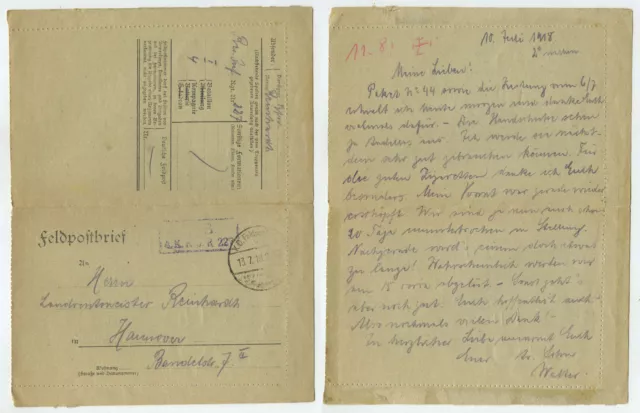 97627 - Feldpostbrief - 13.7.1918 nach Hannover