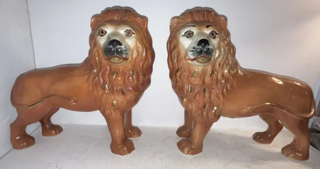 Rare Pair of Staffordshire Pottery STANDING Lion Mantel Lions Glass Eyes English