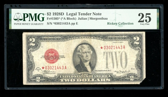 DBR 1928-D $2 Legal Tender STAR Fr. 1505* PMG 25 Serial *03021443A