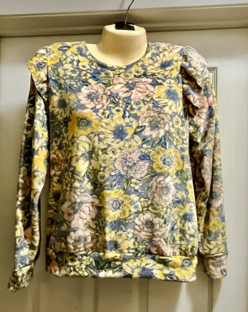 LC LAUREN CONRAD VELOUR Velvet FLORAL Yellow RUFFLE SWEATSHIRT SOFT TOP Medium