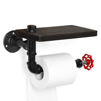 Industrial Toilet Paper Holder w/Rustic Wooden Shelf and Cast Iron Pipe Hardware