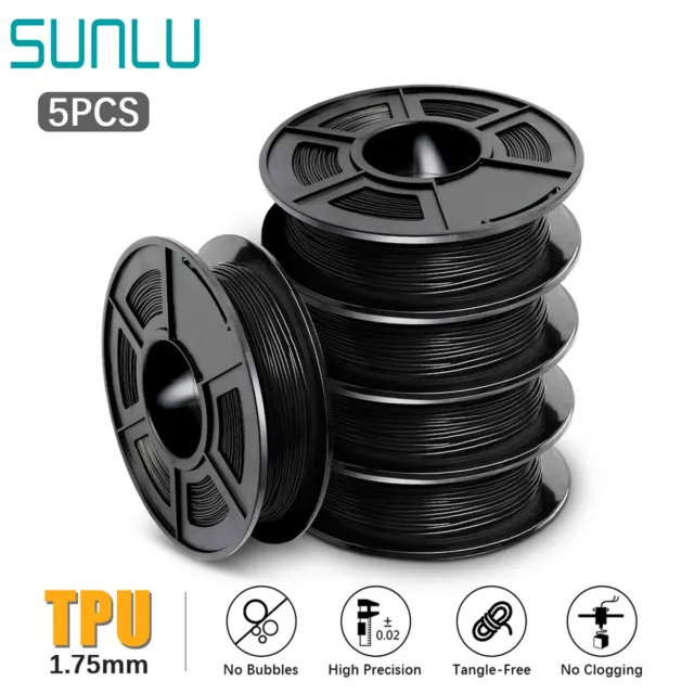 5x SUNLU Black TPU 3D Printer Filament 1.75mm TPU 0.5KG/ROLL No Bubble +/-0.03mm