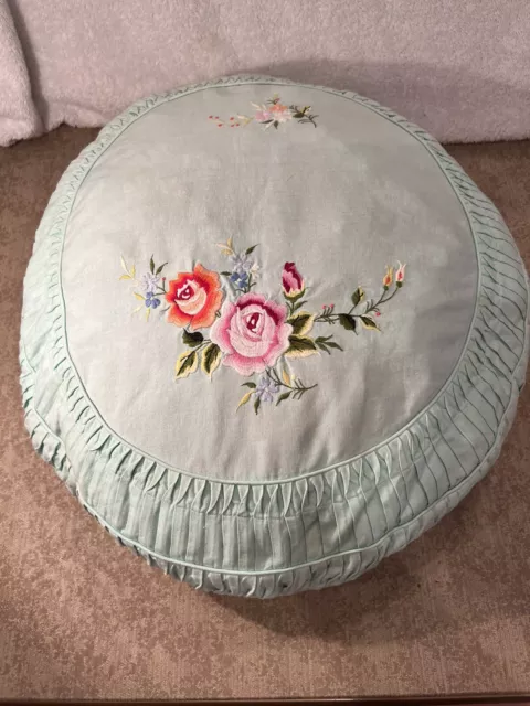 1960s Green Floral Needlepoint Boho Round Accent Pillow Embroidered Pleated