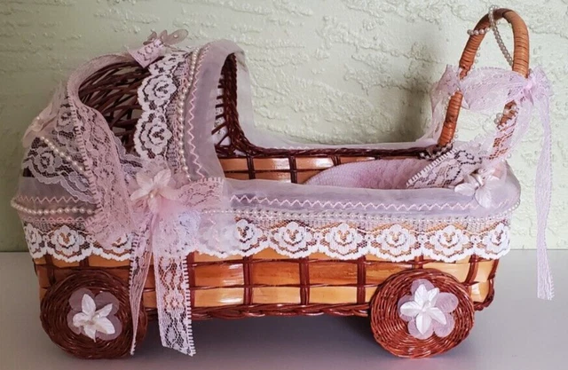 Vintage Boots Tyner Repro 1986 Porcelain Doll 7" Sleeping Baby & Wicker Carriage