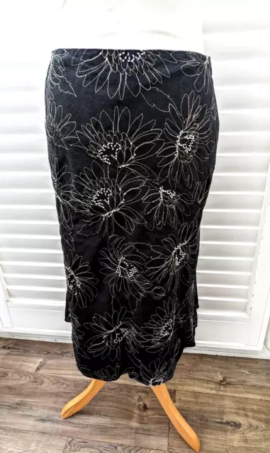 Laura Ashley Black Floral Linen Skirt Midi - Size 10 UK